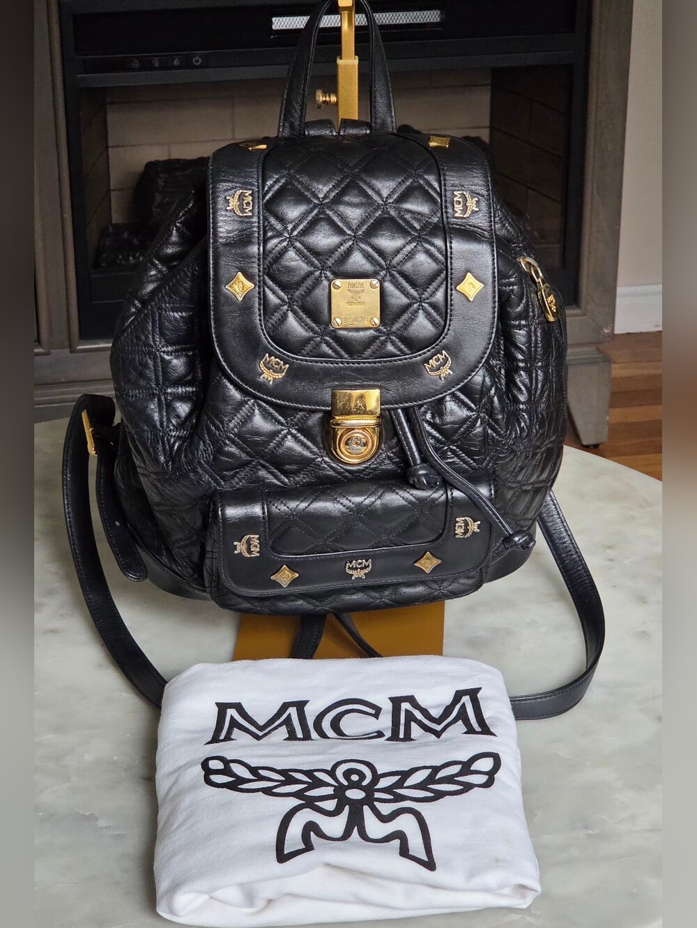 MCM Quilted Leather Black Backpack with Gold Hardware & Dustbag